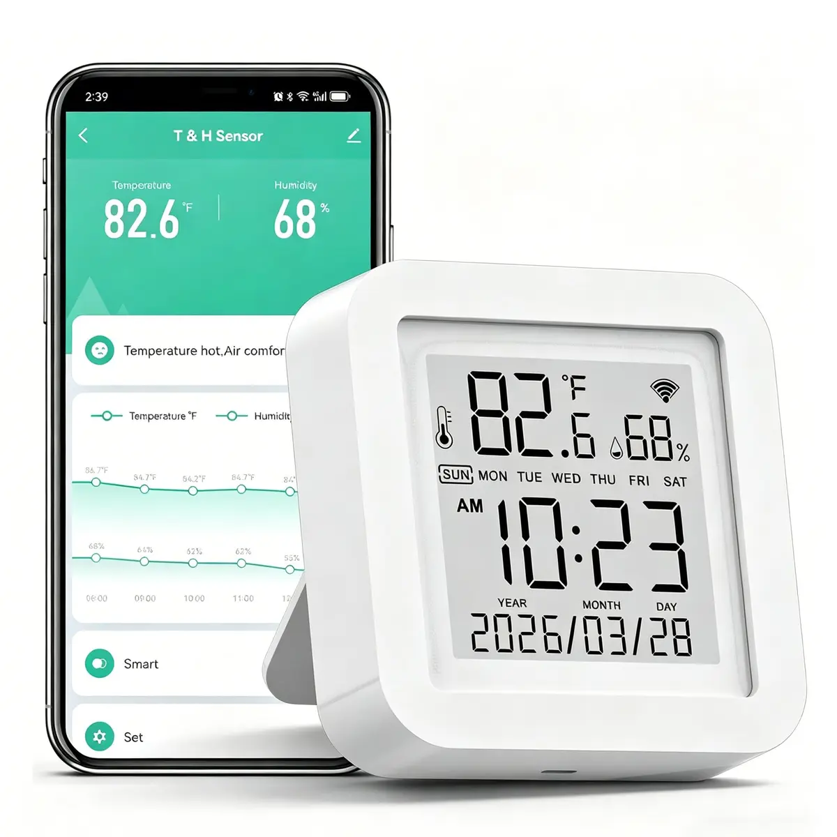 Gaoducash Smart WiFi Temperature Humidity Monitor with App Alerts & Alexa Voice Control, 6.5cm (2.6in) White | Real-Time Indoor Climate Tracking - main product image