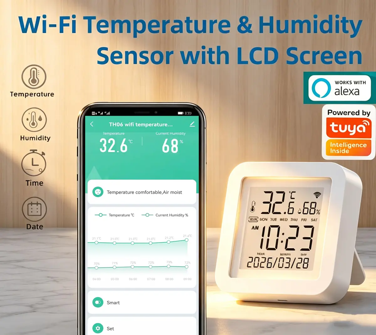 Gaoducash Smart WiFi Temperature Humidity Monitor with App Alerts & Alexa Voice Control, 6.5cm (2.6in) White | Real-Time Indoor Climate Tracking - view 2