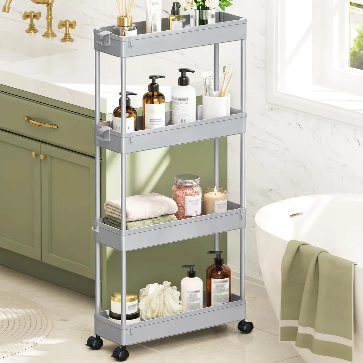 SPACEKEEPER Slim Rolling Storage Cart, 4 Tier Bathroom Organizer, Gray | Narrow Space Solution - main product image