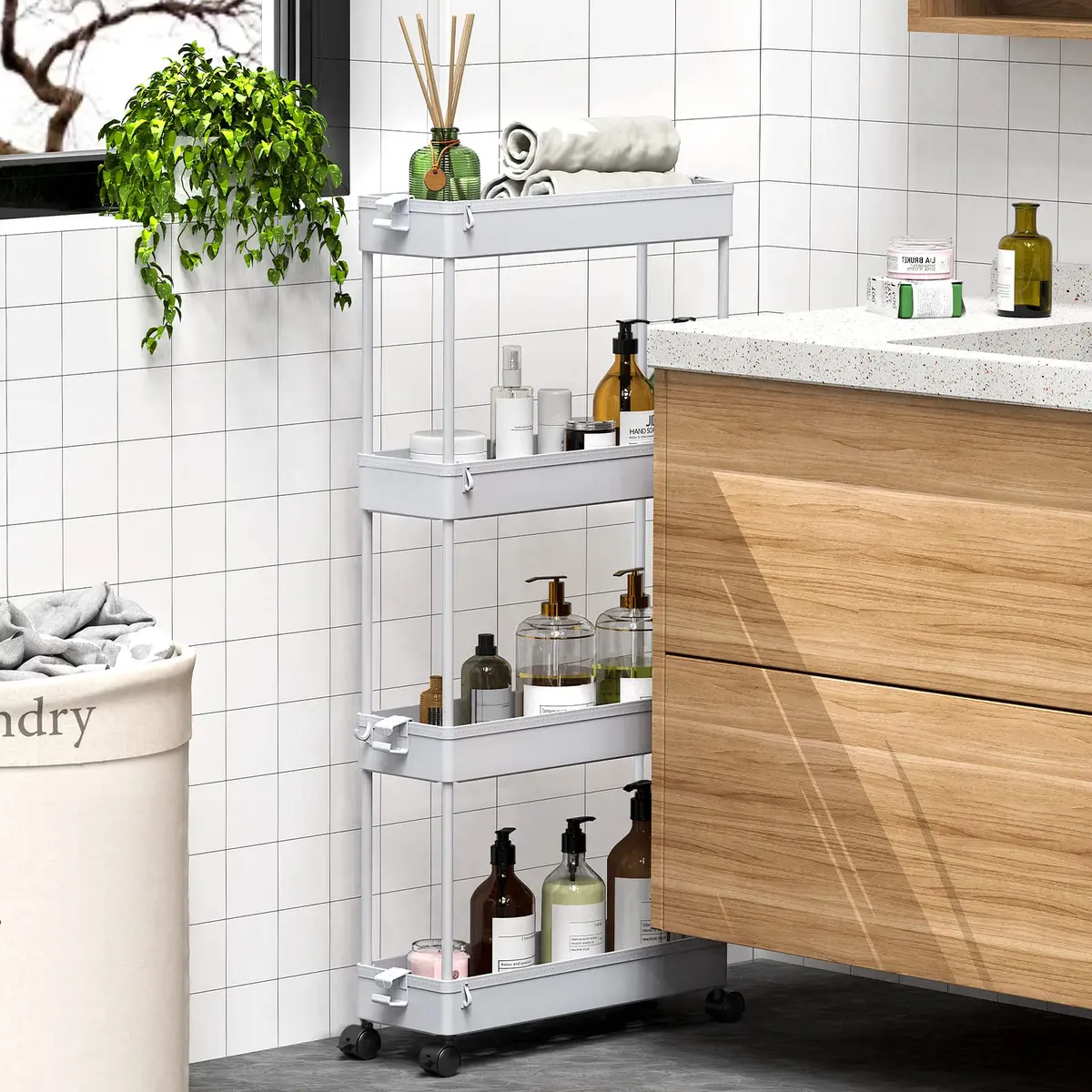 SPACEKEEPER Slim Rolling Storage Cart, 4 Tier Bathroom Organizer, Gray | Narrow Space Solution - view 5