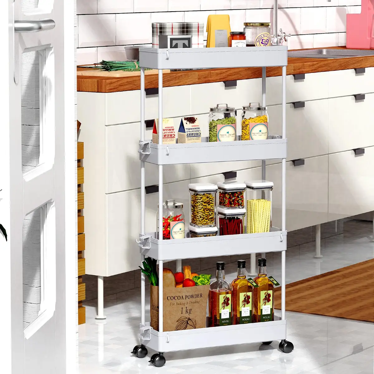 SPACEKEEPER Slim Rolling Storage Cart, 4 Tier Bathroom Organizer, Gray | Narrow Space Solution - view 7