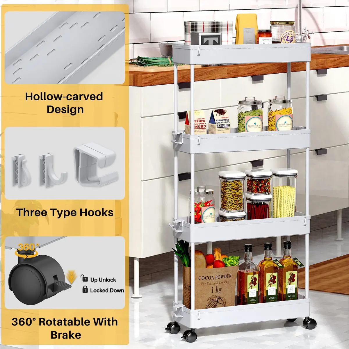 SPACEKEEPER Slim Rolling Storage Cart, 4 Tier Bathroom Organizer, Gray | Narrow Space Solution - view 2