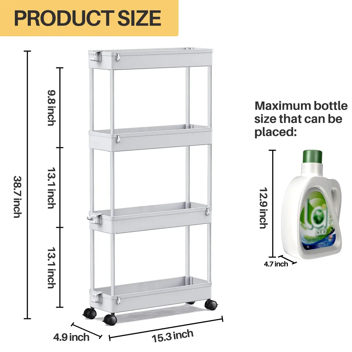 SPACEKEEPER Slim Rolling Storage Cart, 4 Tier Bathroom Organizer, Gray | Narrow Space Solution - view 4