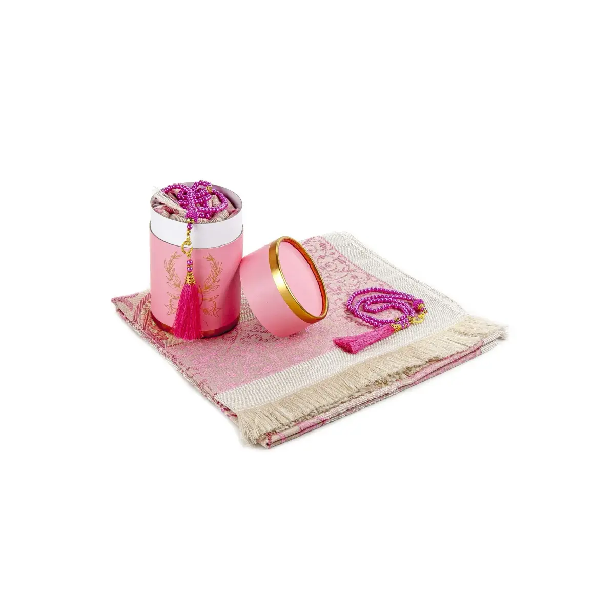 ihvan online Muslim Prayer Rug and Prayer Beads Set, Pink Taffeta Fabric, 117cm x 71cm | Portable Islamic Prayer Mat with Gift Box - main product image