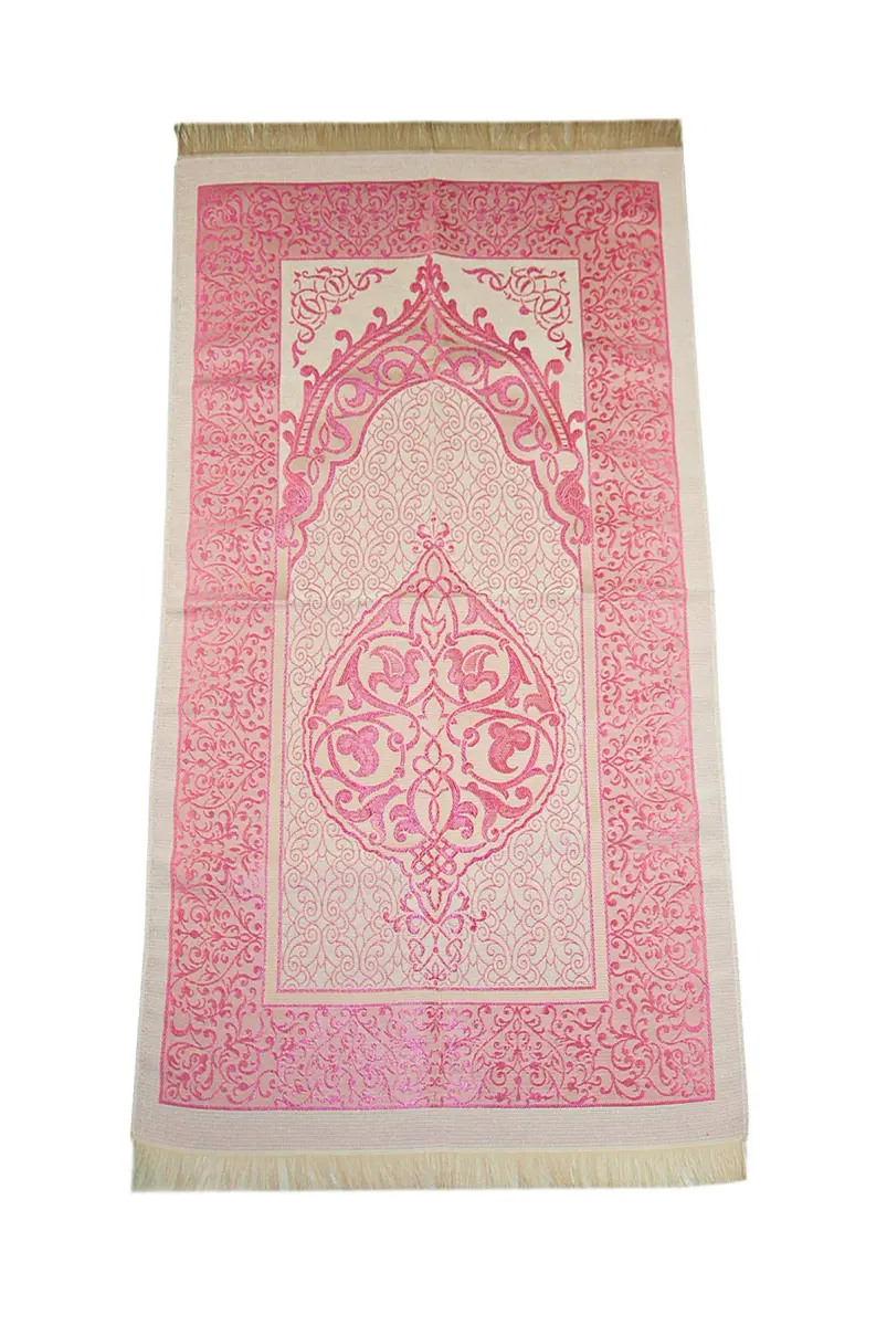 ihvan online Muslim Prayer Rug and Prayer Beads Set, Pink Taffeta Fabric, 117cm x 71cm | Portable Islamic Prayer Mat with Gift Box - view 3