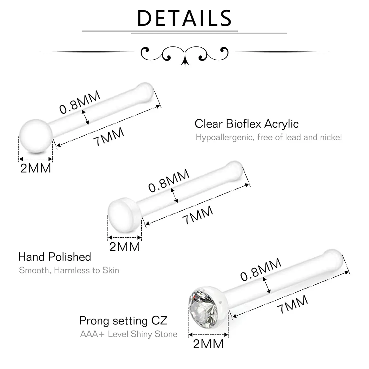 D.Bella Clear Nose Rings Retainer Acrylic Nose Stud Bioflex Bone Pin Straight Nose Studs Flexible Piercing for Men Women (20 Pcs, 20G) - view 3
