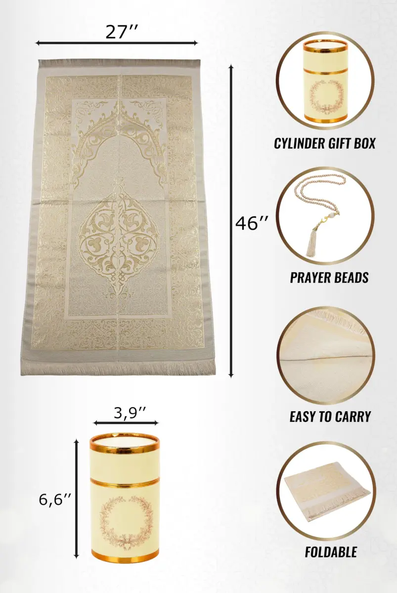ihvan online Muslim Prayer Rug and Prayer Beads Set, Taffeta Fabric, Cream, 117cm x 71cm (46" x 28") - view 5