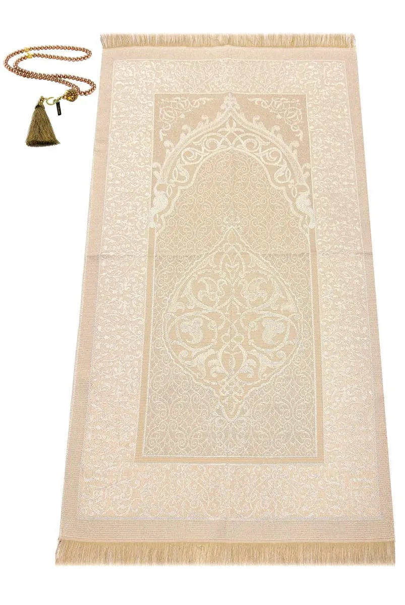 ihvan online Muslim Prayer Rug and Prayer Beads Set, Taffeta Fabric, Cream, 117cm x 71cm (46" x 28") - view 2