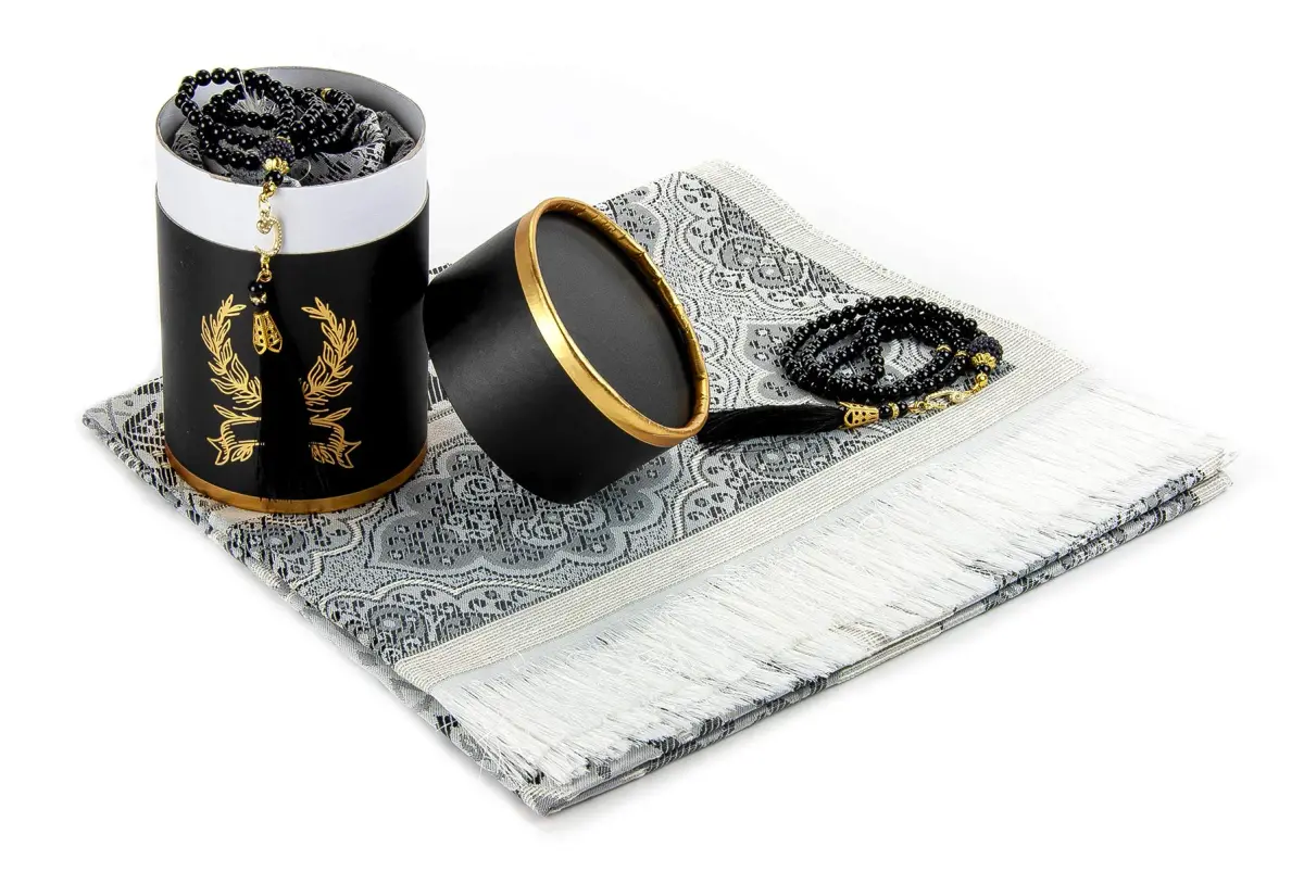 ihvan online Black/Mod3 Prayer Rug with Beads - 117cm x 71cm | Soft Taffeta Islamic Janamaz - view 4