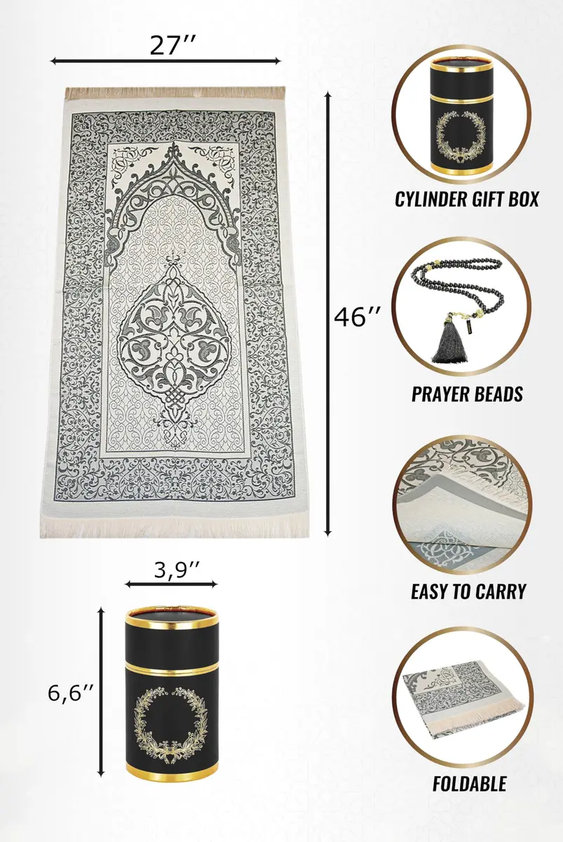 ihvan online Muslim Prayer Rug and Prayer Beads | Soft Taffeta Fabric, Portable, Elegant Design, Black | 117cm x 71cm - view 6