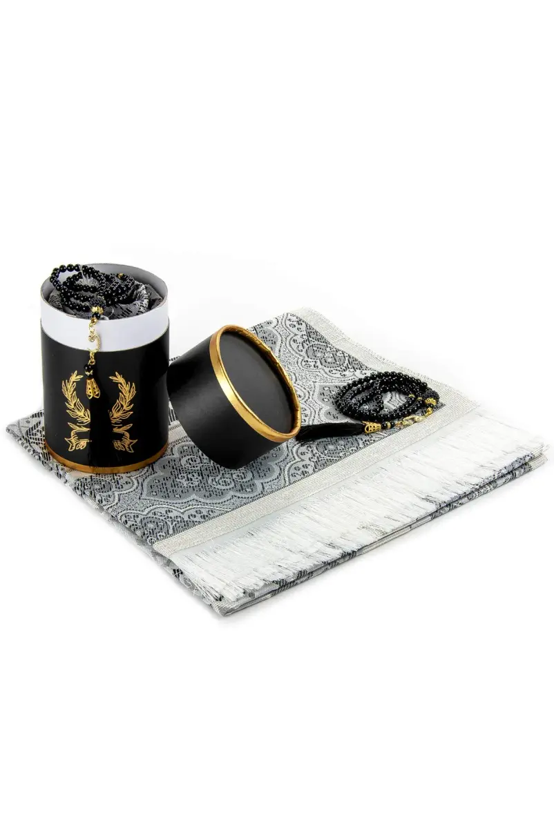 ihvan online Black/Mod3 Prayer Rug with Beads - 117cm x 71cm | Soft Taffeta Islamic Janamaz - main product image