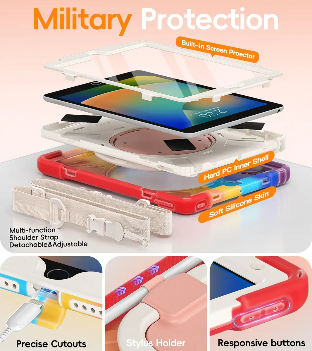 BATYUE Shockproof Case for iPad 9th/ 8th/ 7th Gen (10.2 inch) | 3-Layer Armor & 360° Stand, Kid-Friendly, Detachable Strap - view 4