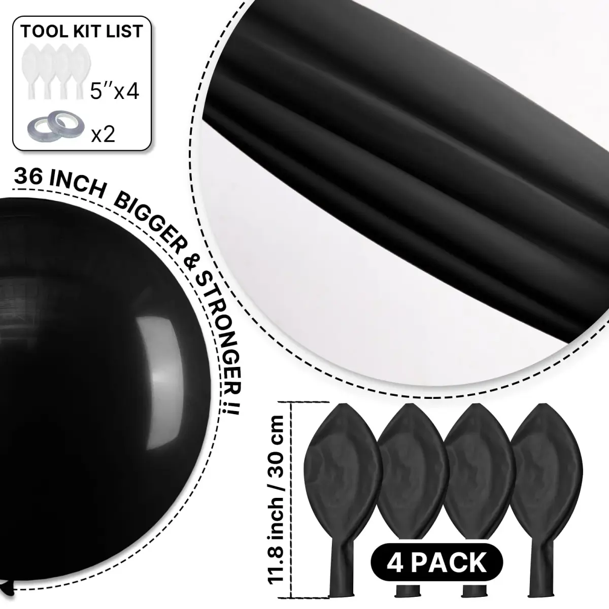 PartyWoo Black Balloons 36 Inch (91.44 cm) Matte Latex Helium Balloons, 4 Count | Assorted Colors Balloon - view 6