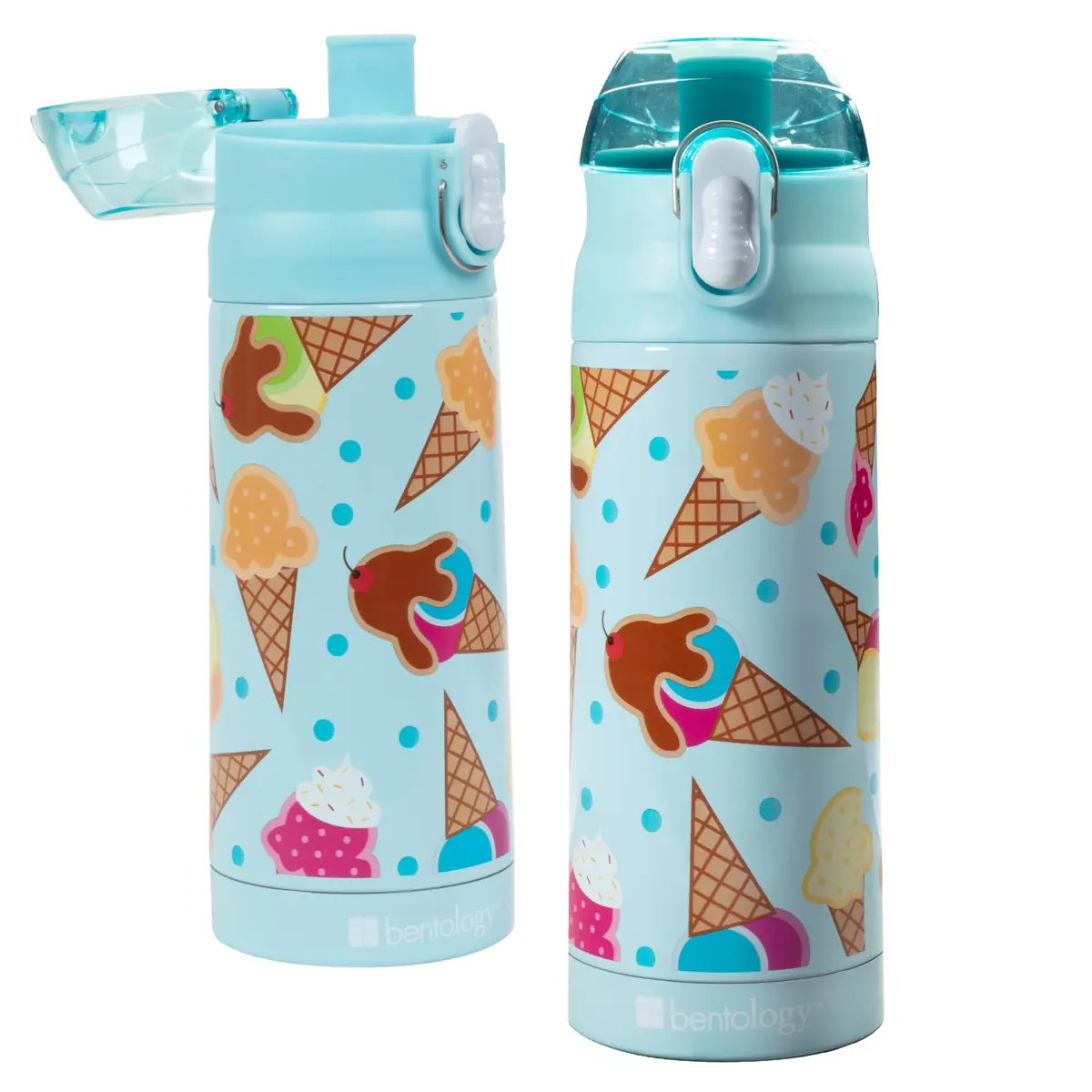 Bentology Stainless Steel Insulated Water Bottle 13 Oz (385ml) | Kids Ice Cream Theme Spill-Proof Lid - main product image