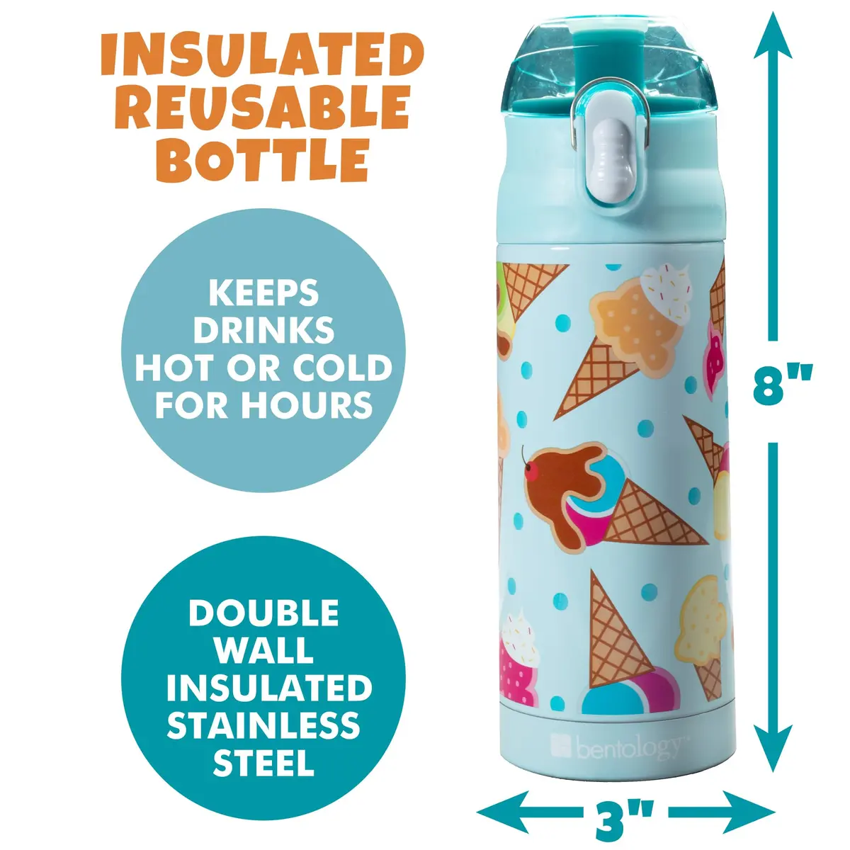 Bentology Stainless Steel Insulated Water Bottle 13 Oz (385ml) | Kids Ice Cream Theme Spill-Proof Lid - view 3