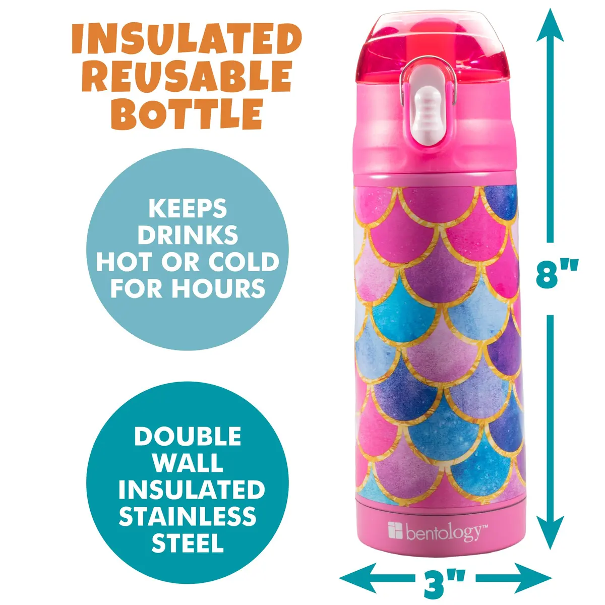 Bentology Stainless Steel Insulated Water Bottle for Kids, Mermaid 370ml (13 Oz) | Spill-Proof Lid & Built-In Spout - view 3