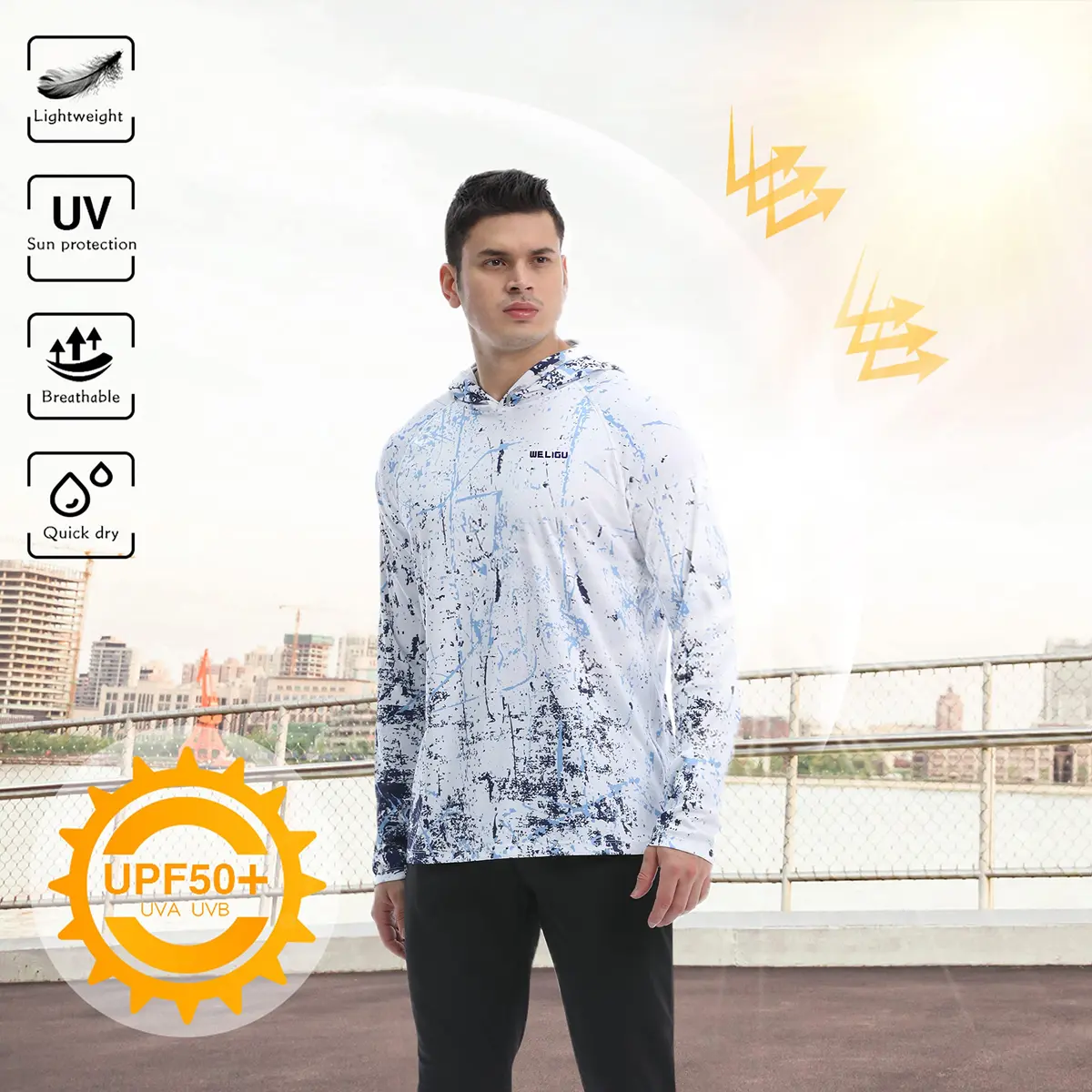 WELIGU Men's UPF 50+ Sun Protection Hoodie | Long Sleeve Water Sports Shirt, Lightweight & Quick Dry (0.272kg) - view 5