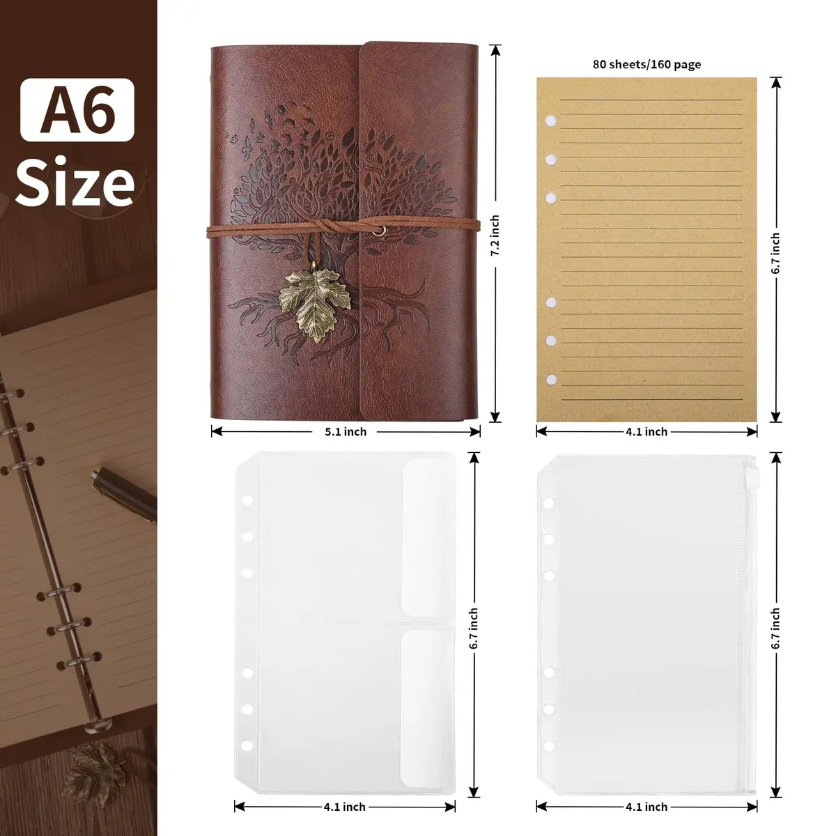 Billtigif Leather Journal Notebook 5.1"x7.2" | Refillable Vintage Journal with Pocket - view 2