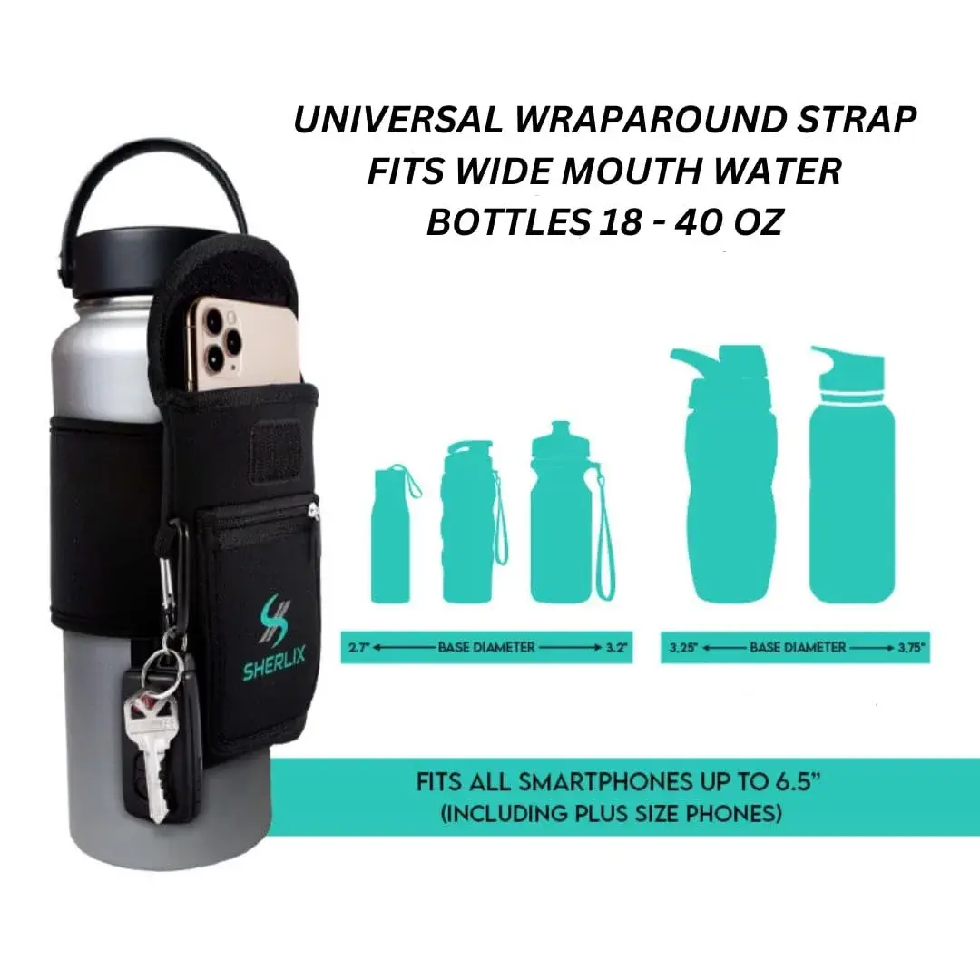 SHERLIX Universal Water Bottle Pouch with Accessory Pockets & Carabiner | Fits 18-40 oz Bottles, Black - view 2