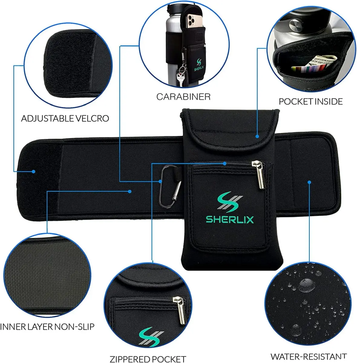 SHERLIX Universal Water Bottle Pouch with Accessory Pockets & Carabiner | Fits 18-40 oz Bottles, Black - view 3