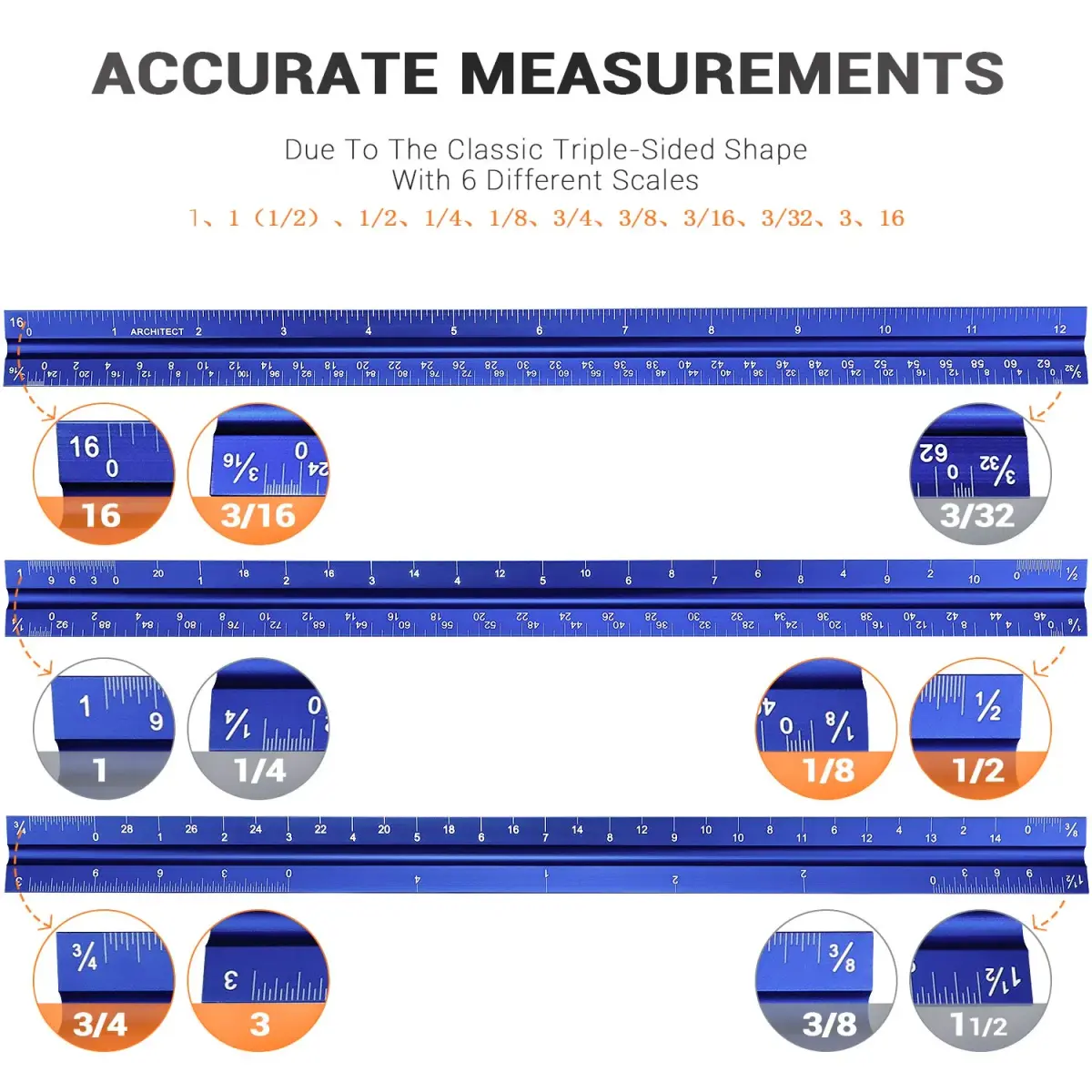 Hutou 12" Architectural Scale Ruler Aluminum Blue | Precision Drafting Tool - view 3