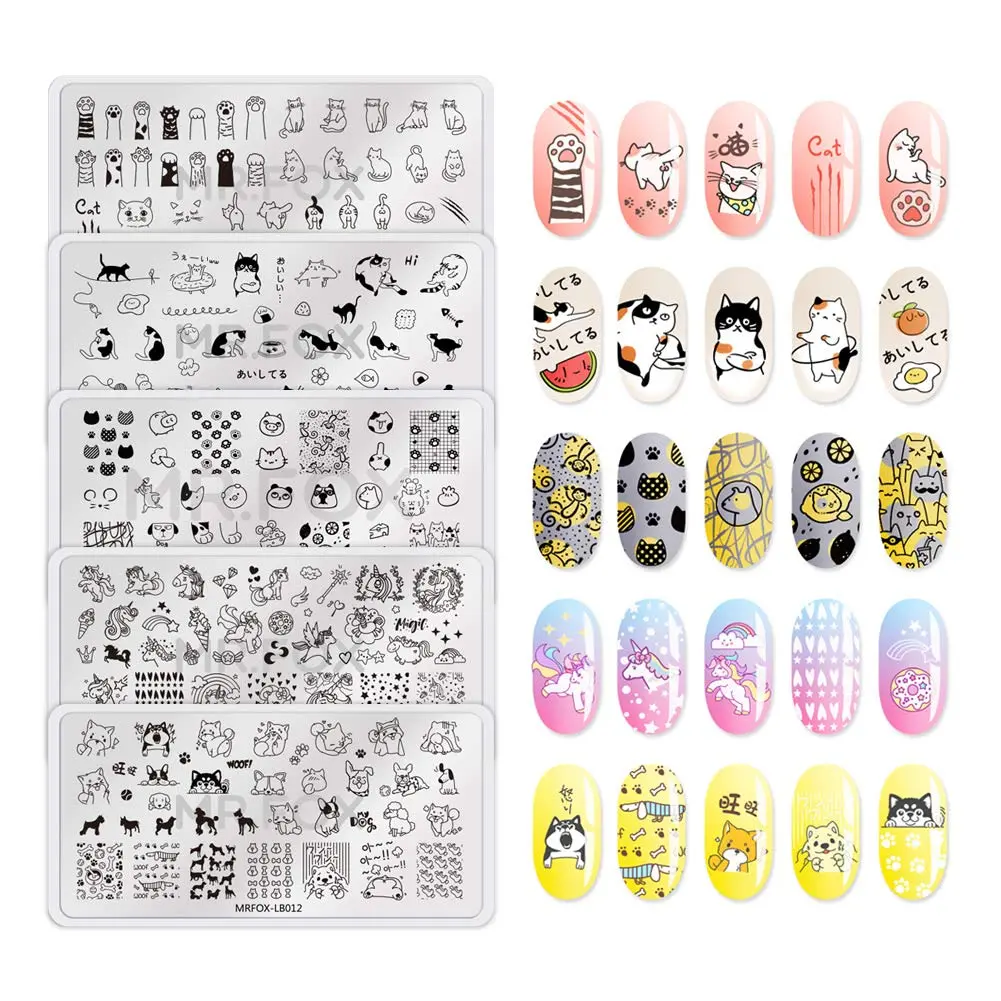 MR.FOX 5 pcs Nail Printing Board Set with Cat, Unicorn & Puppy Patterns | Reusable Stainless Steel Templates for DIY Nail Art - main product image