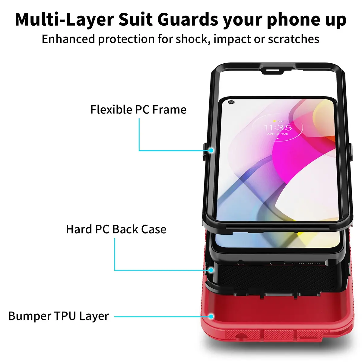 Jiunai Heavy Duty Shockproof Case for Moto G Stylus 2021 | Red, 3-Piece Armor Hybrid with Dust Plug - view 3