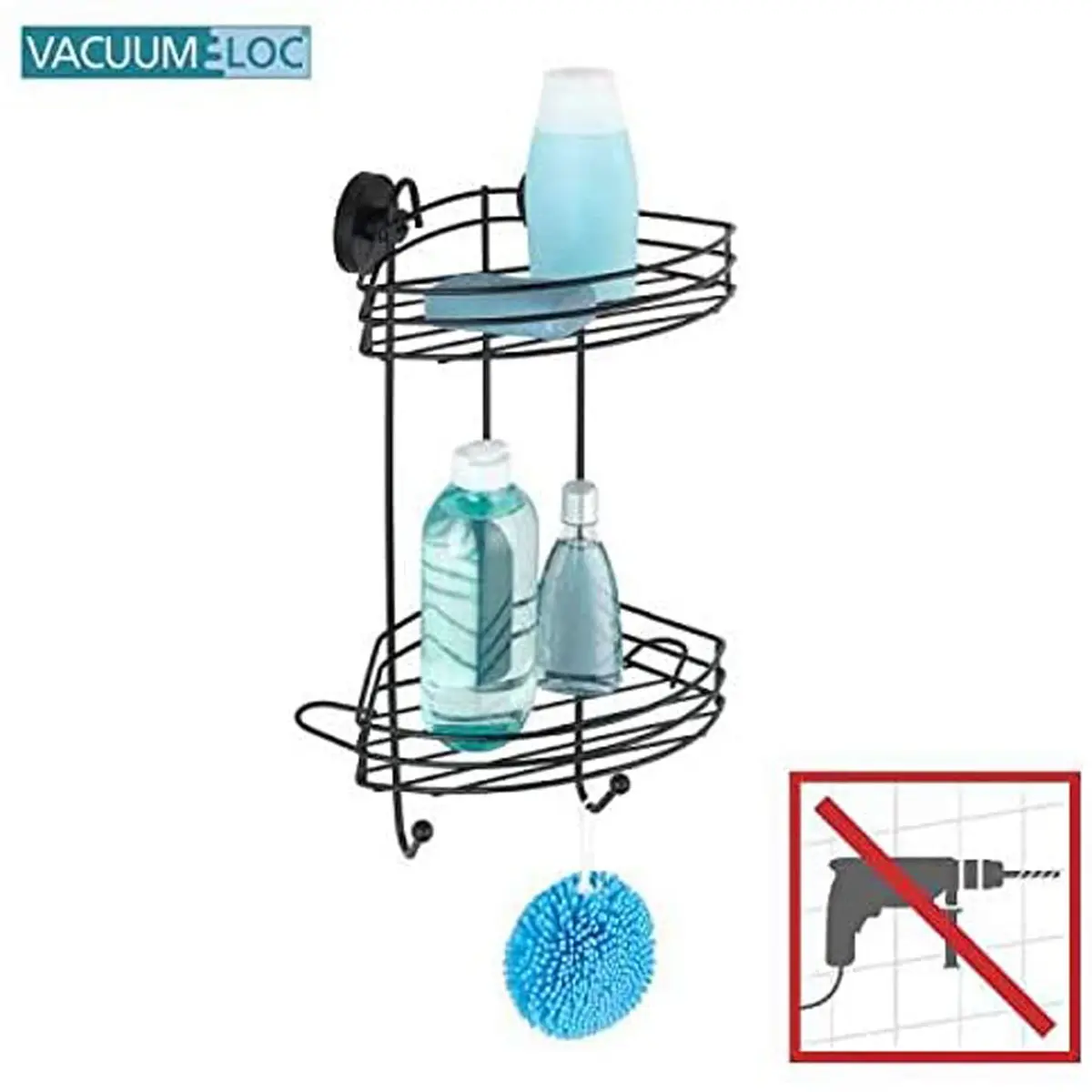 WENKO Vacuum-Loc Corner Shelf 2 Tier Black 23 x 43 x 21 cm | Mounts Without Drilling, Holds 33kg - view 2