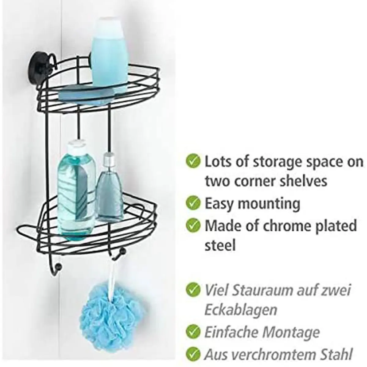 WENKO Vacuum-Loc Corner Shelf 2 Tier Black 23 x 43 x 21 cm | Mounts Without Drilling, Holds 33kg - view 3