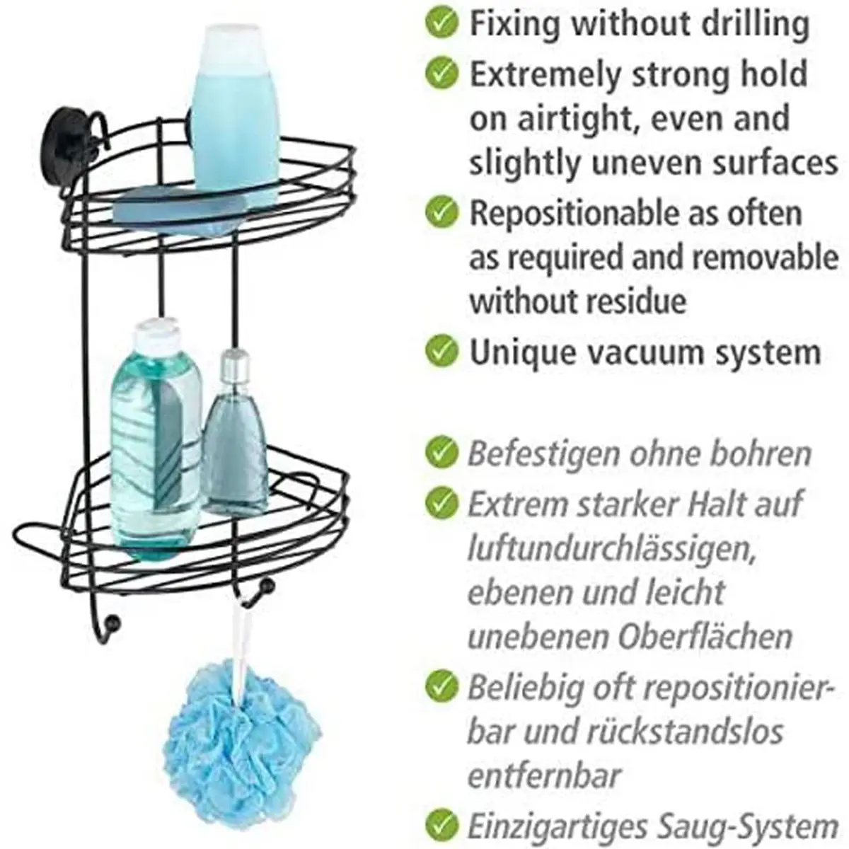 WENKO Vacuum-Loc Corner Shelf 2 Tier Black 23 x 43 x 21 cm | Mounts Without Drilling, Holds 33kg - view 4