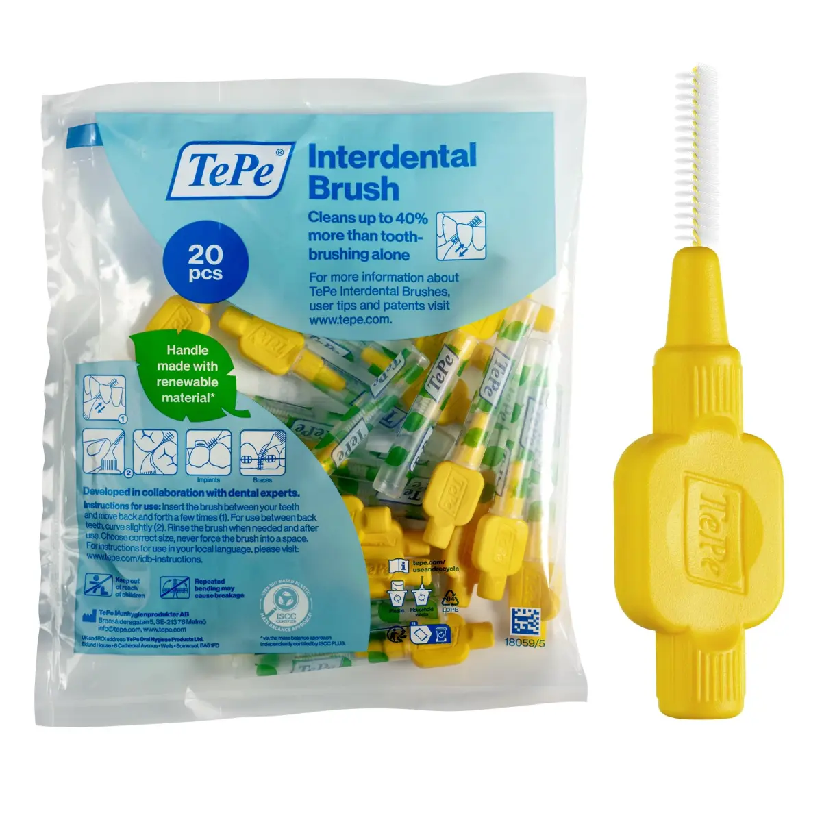 TePe Interdental Brush Original Yellow 0.8 mm (20-Pack) | Plaque Removal for Large Gaps - main product image