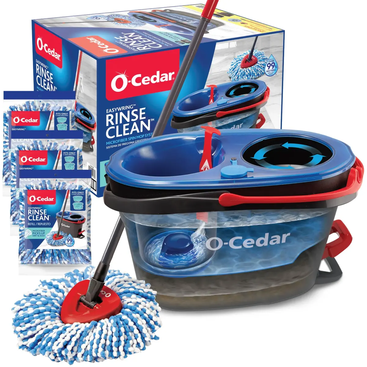 O-Cedar EasyWring RinseClean Microfiber Spin Mop & Bucket Floor Cleaning System with 4 Mop Heads | Cleans 99% Bacteria with Water - main product image
