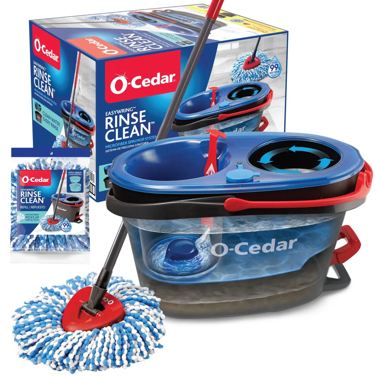 O-Cedar RinseClean Spin Mop & Bucket System with 2 Microfiber Mop Heads | Cleans with Clean Water | Removes 99% of Bacteria - main product image