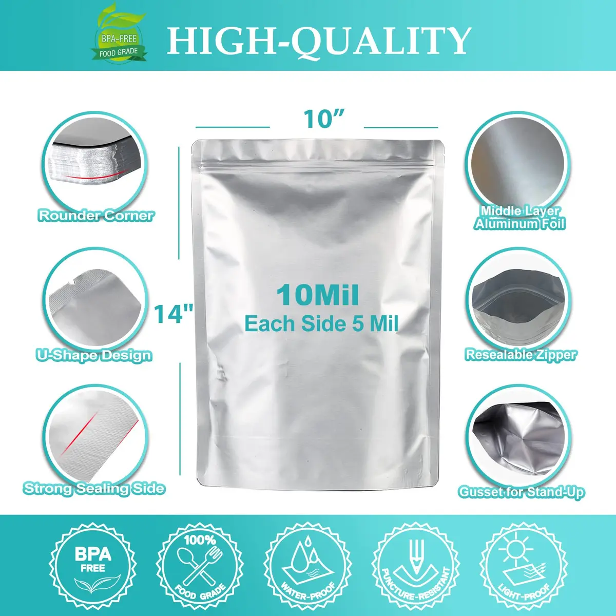 SHXWELL 1 Gallon Mylar Bags 25.4cm x 35.6cm (10"x14") | 50 Count Extra Thick 10 Mil Stand-Up Zipper Pouches for Long Term Food Storage - view 2