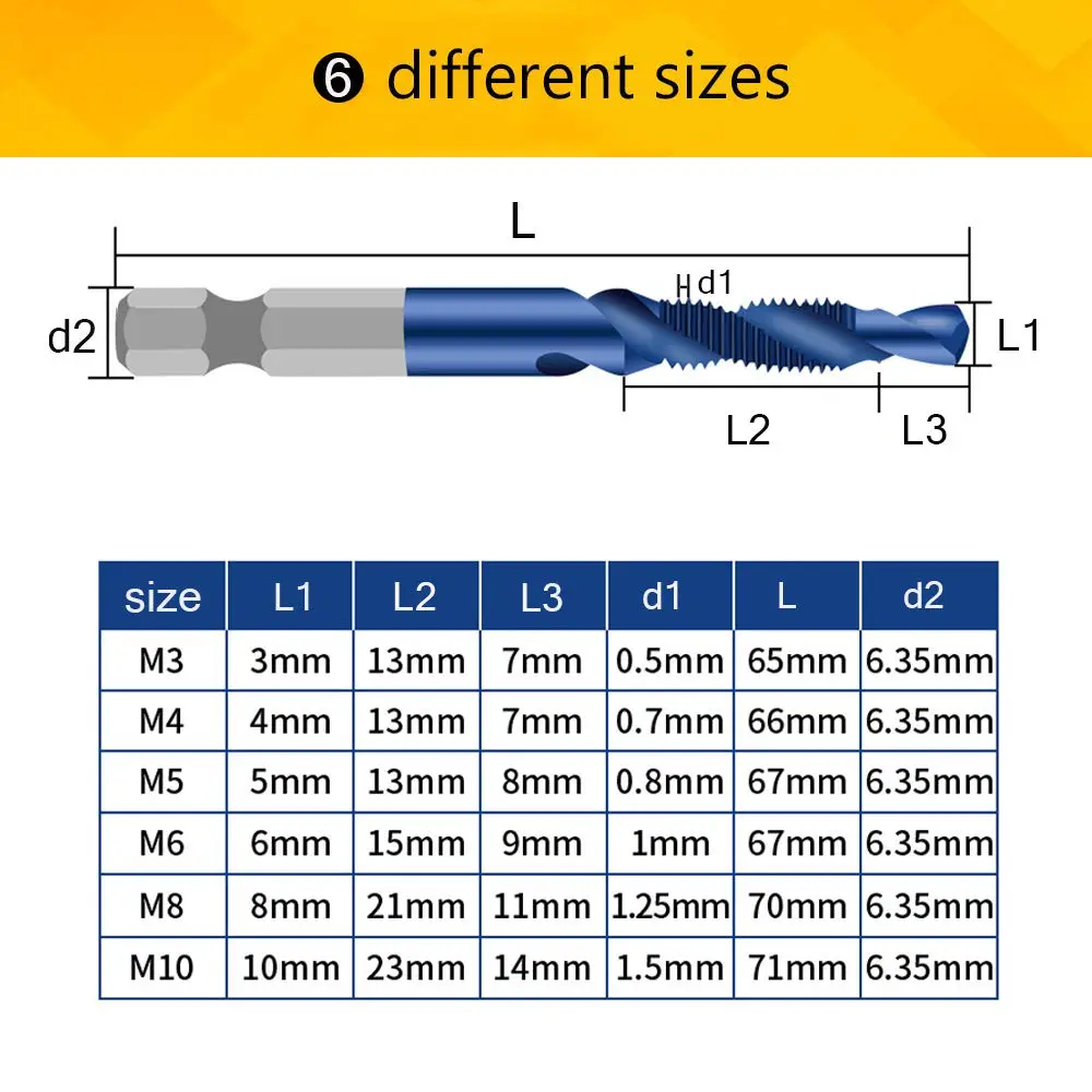 ASDTODW Combination Drill & Taps Bit Set M3-M10 Hex Shank | 6-Piece Metric Threading Tool Set - view 2