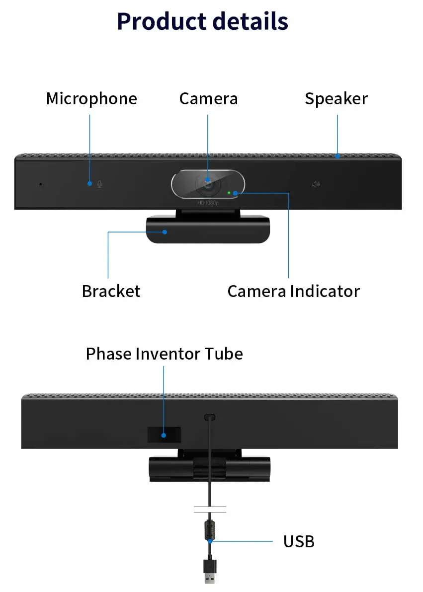 PolaTab Conference Room Camera, 3-in-1, 1080p Full HD Webcam with Microphone and Speaker, USB Plug and Play, Wide Angle Video Conference Camera for Desktop, Laptop, Mac, PC (Black) - view 8