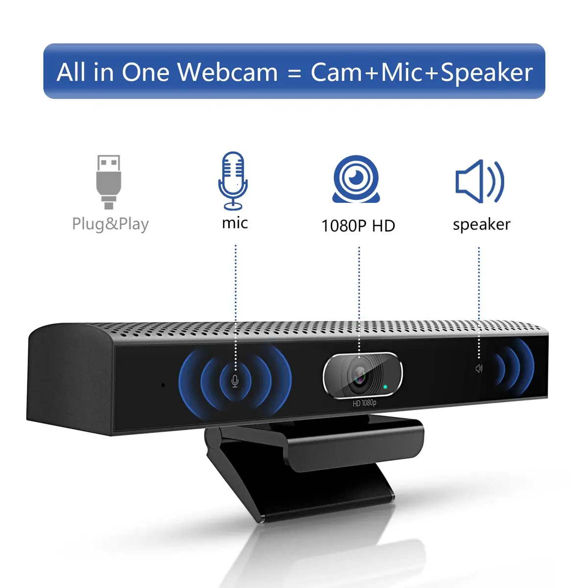 PolaTab Conference Room Camera, 3-in-1, 1080p Full HD Webcam with Microphone and Speaker, USB Plug and Play, Wide Angle Video Conference Camera for Desktop, Laptop, Mac, PC (Black) - view 2