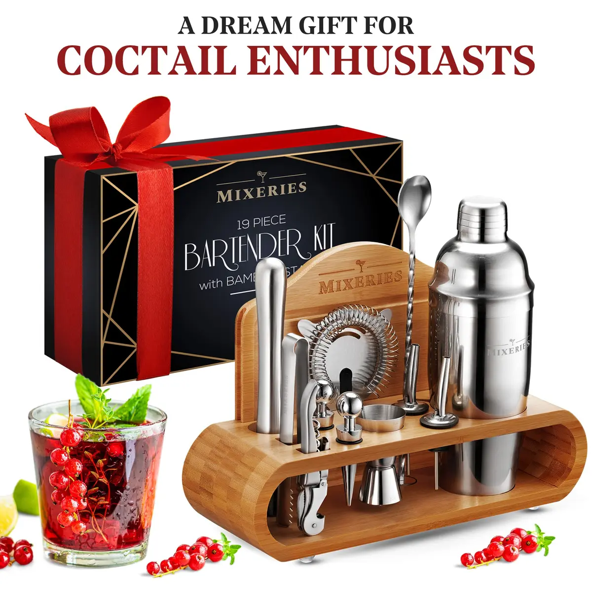 Mixeries 19 Piece Bar Set Cocktail Shaker Set with Stand 700ml (24 oz) | Premium 304 Stainless Steel Bartender Kit - view 5