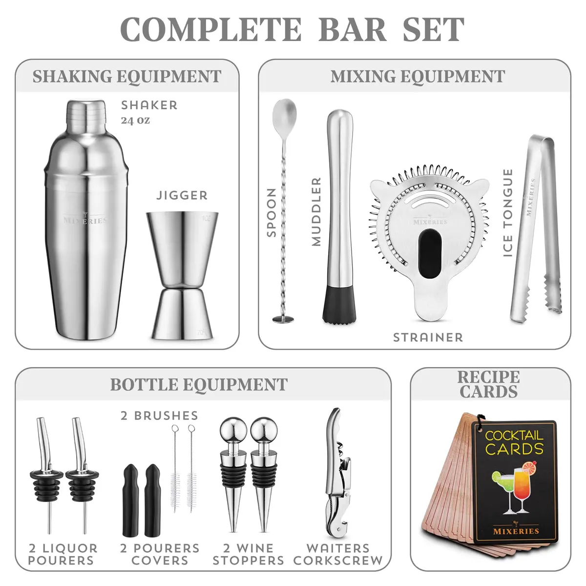 Mixeries 19 Piece Bar Set Cocktail Shaker Set with Stand 700ml (24 oz) | Premium 304 Stainless Steel Bartender Kit - view 4