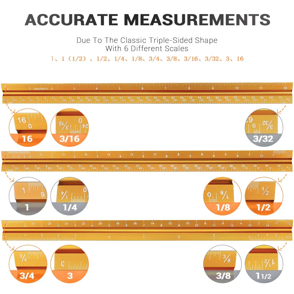 Hutou Architectural Scale Ruler 12" Golden | Precision Aluminum Drafting Tool - view 3