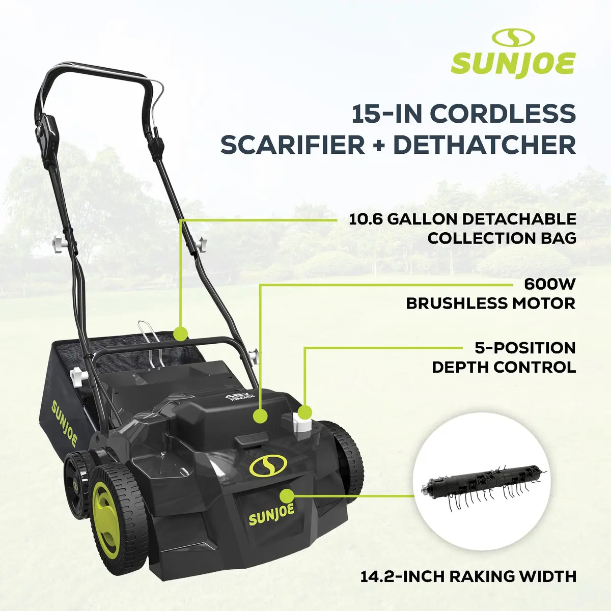 Sun Joe Cordless Scarifier & Dethatcher 24V-X2-DTS15 | 15-Inch, 48V Power, 5 Depth Positions - view 4