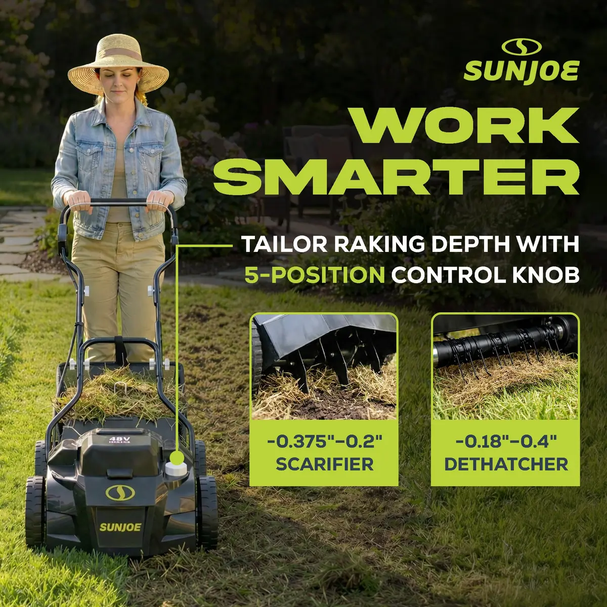 Sun Joe Cordless Scarifier & Dethatcher 24V-X2-DTS15 | 15-Inch, 48V Power, 5 Depth Positions - view 3