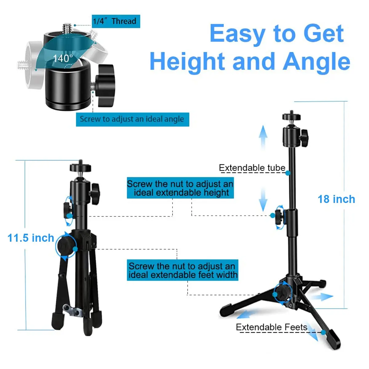 JCWINY Extendable Webcam Tripod Stand with Ball Head for Camera/Phone/Ring Light, 31cm (12 inches) Max Height | Universal 1/4" Screw Mount - view 2