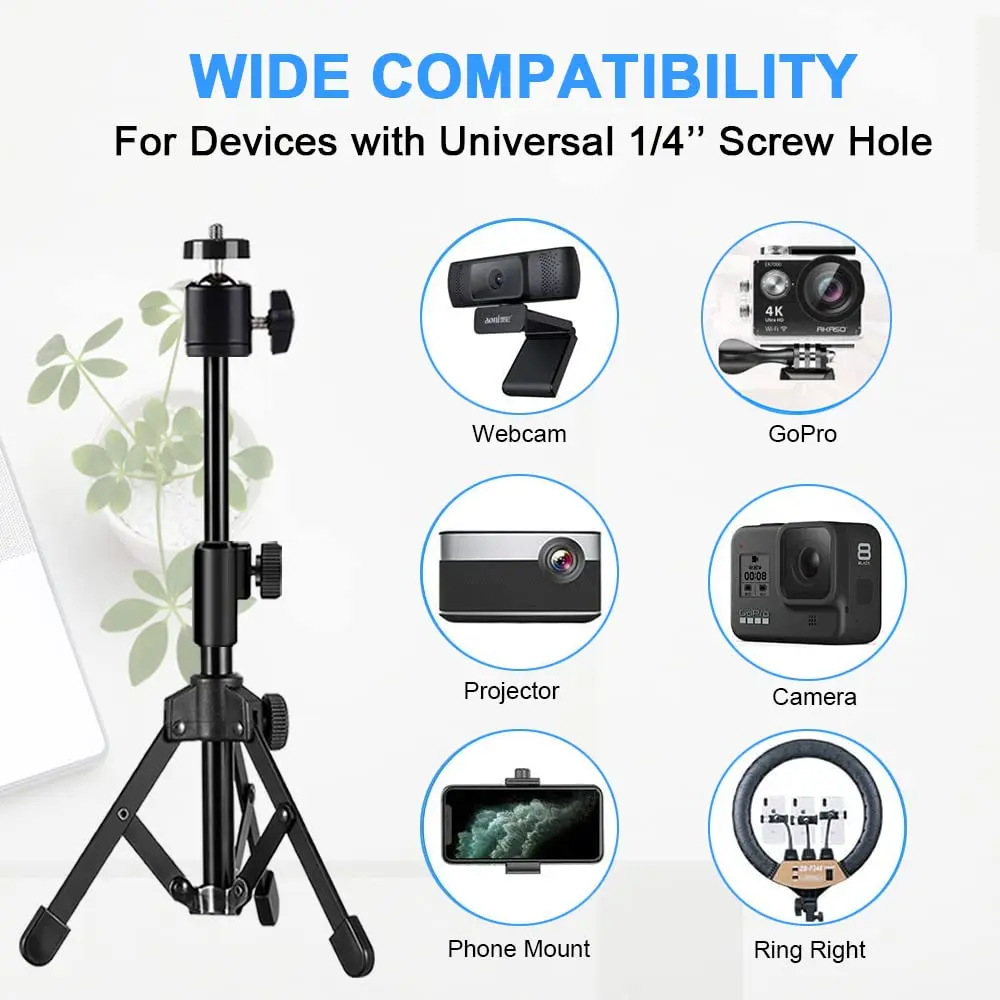 JCWINY Extendable Webcam Tripod Stand with Ball Head for Camera/Phone/Ring Light, 31cm (12 inches) Max Height | Universal 1/4" Screw Mount - view 4