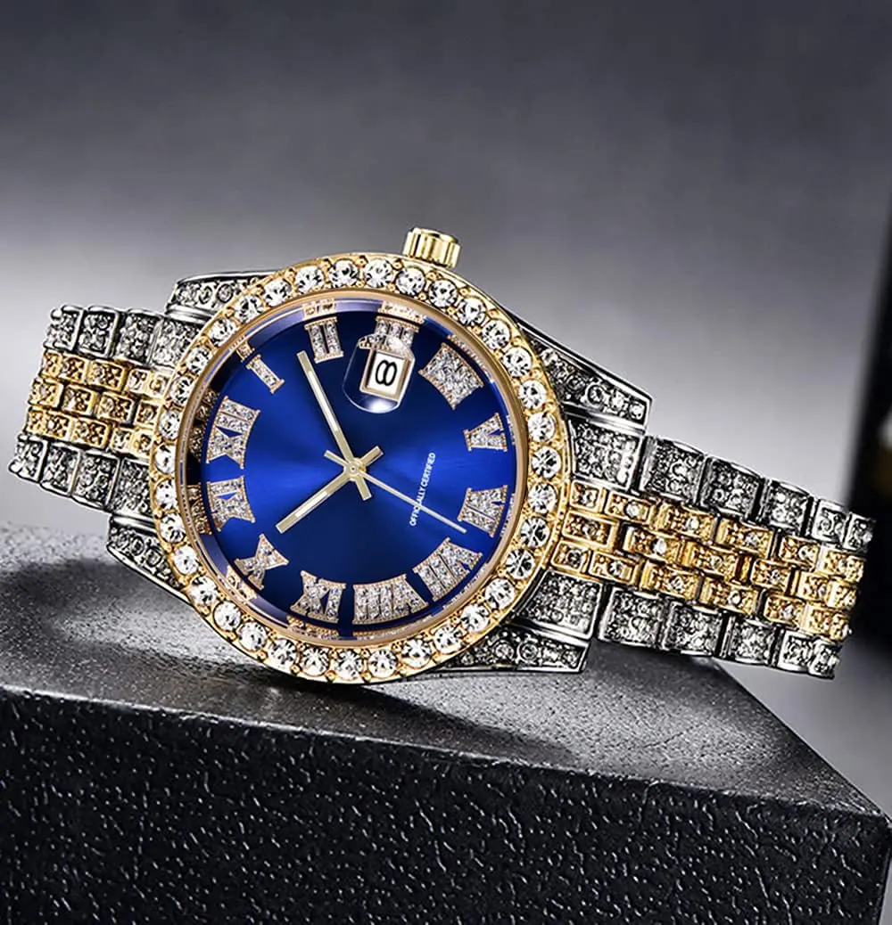 HUNRUY Hip Hop Watches for Men 42mm Alloy Dial | Iced-Out Bling Diamond Quartz Watch with Date - view 5