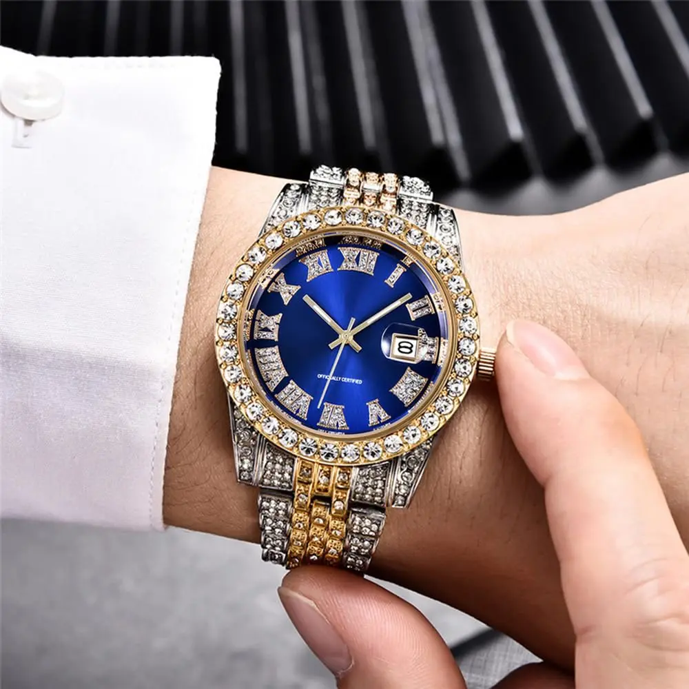 HUNRUY Hip Hop Watches for Men 42mm Alloy Dial | Iced-Out Bling Diamond Quartz Watch with Date - view 3