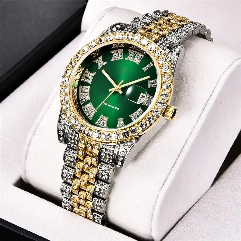 HUNRUY Hip Hop Watches for Men 42mm | Iced-Out Bling Diamond Quartz with Date - view 3