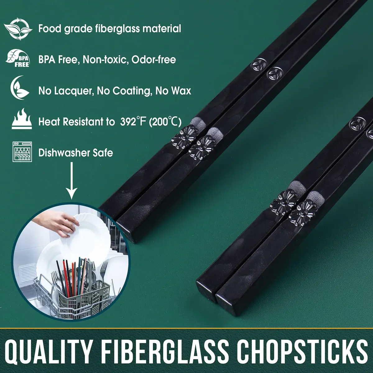 Glamfields Black Fiberglass Chopsticks | Reusable, Dishwasher Safe, Non-slip, 9.5 inches, Gift Set - view 5