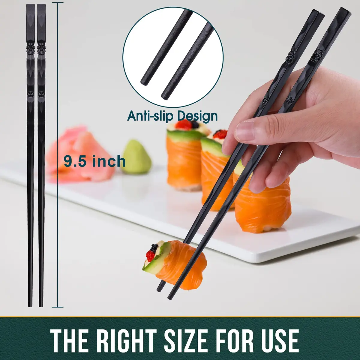 Glamfields Black Fiberglass Chopsticks | Reusable, Dishwasher Safe, Non-slip, 9.5 inches, Gift Set - view 3
