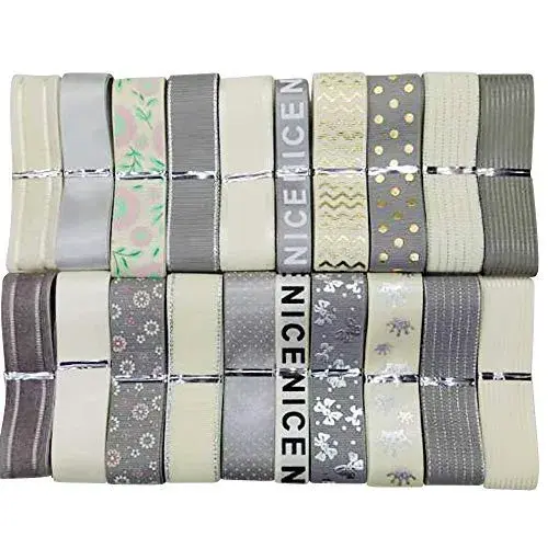 Libiline Assorted Grey Beige Satin Organza Grosgrain Ribbon Craft DIY Packing Hair Bow Accessory 25mm (1 inch) | Random 20 Yards - main product image